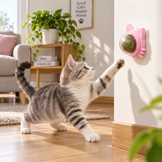 Wall‑Mount Rotatable Catnip Licking Ball with Dust‑Proof Cover, Cat Ear Shape Cat Toy for Teeth Cleaning & Hair Removal, Includes Double‑Sided Sponge Tape