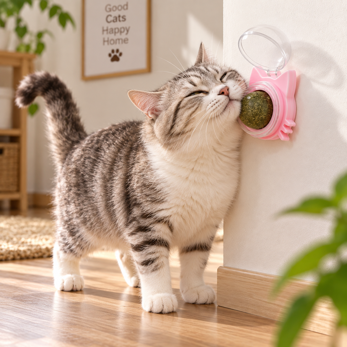 Wall‑Mount Rotatable Catnip Licking Ball with Dust‑Proof Cover, Cat Ear Shape Cat Toy for Teeth Cleaning & Hair Removal, Includes Double‑Sided Sponge Tape